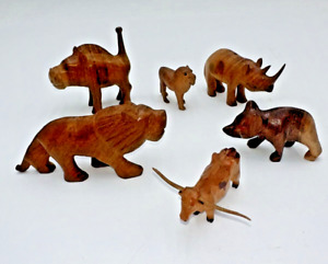 Vintage lot of Six Hand Carved Wooden Animals Rhino Lion Bear Longhorn Warthog
