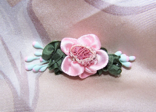 French Revival Ribbonwork - Pink Satin Ribbon Rose Sugar Pips Sew On Applique