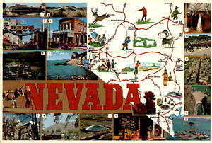 Postcard showcases Nevada's landmarks, attractions, and symbols.