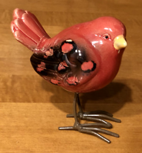New ListingSmall Red Stoneware Ceramic Bird with Metal Feet