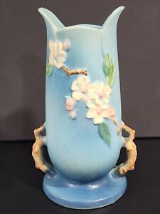 ROSEVILLE Pottery Vase Blue Apple Blossom 389-10 Vintage Double Handle SIGNED