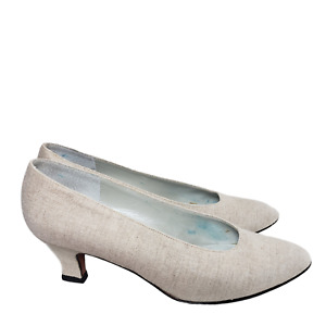 Liz Claiborne Women Beige Canvas Slip On Low Block Heels Almond Toe Shoes Sz 8.5