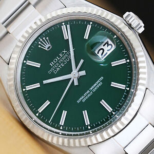 ROLEX MENS DATEJUST 18K GOLD STAINLESS STEEL GREEN DIAL WATCH w/ OYSTER BAND