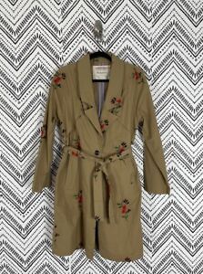 Women Cartonnier Anthropologie Tan Red Floral Embroidered Trench Coat Size Small