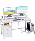 Furologee White Computer Desk with Drawer and Power Outlets, 47