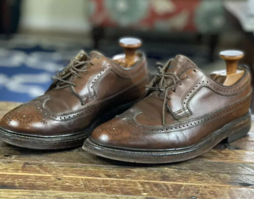 Vtg Florsheim Kenmoor Imperial Shoes Men 7.5 E Brown Long Wingtips Brogue Patina