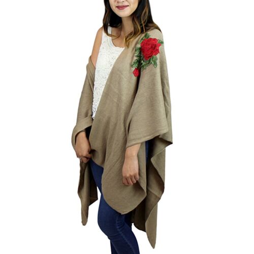 Soft Knitted Open Front Ruana Poncho Wrap Patched Red Rose Flowers Khaki Tan