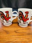 Rooster and Hen Coffee Cups Set of 2 Vintage Farmhouse Retro Pedestal Footed
