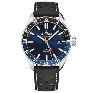 Alpina Mens 'Alpiner' GMT Navy Dial Black Leather Strap Quartz Watch AL-247NB4E6