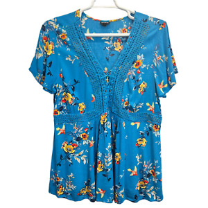Torrid Babydoll Top Blue Size 2X Floral Plus Size Flutter Sleeve V-Neck Blouse