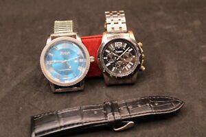 2 BLUE DIAL STAUER 3 ATM BLACK & NEW LEATHER BAND WRISTWATCH WATCH