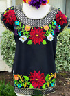 Mexico Floral: Linen Black Blouse Tunic Embroidery Vintage French Cutwork Collar