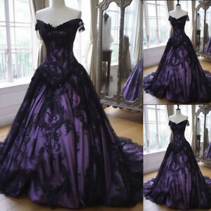 Gothic Black Purple Wedding Dresses Off the Shoulder Lace Appliques Bridal Gowns