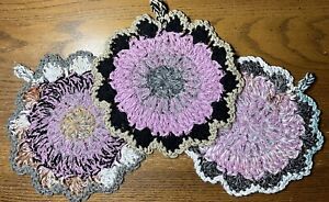 New ListingDischcloth Scrubbies Set 3 LAVENDER GRAY BLACK Crochet Extra Large Scrubby Rags