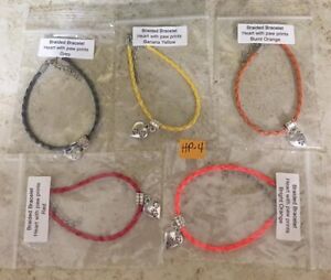 HP-4 Lot of 5 Braided Leather Charm Bracelets with Heart with Paw Prints Colors