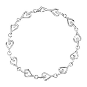 Finecraft Heart Link Bracelet with Diamonds in Sterling Silver, 7