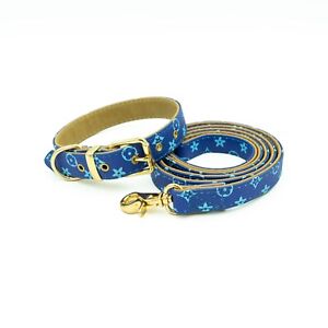 Blue Dog Collar & Leash - Leather Designer Fashion Pet Collar XS, S , M, L , XL