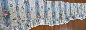 Vintage Blue White Pink Rose Ruffled Valance Country Cottagecore Lace 176”wide!
