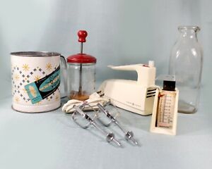 Vintage Kitchen Items Collection Utensils Mixer Chopper Scale Sifter Milk Bottle