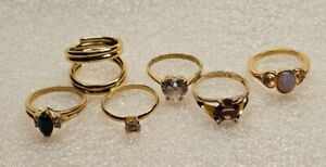 Vintage Estate Jewelry Rings Gold Tone Mixed Stones Rhinestones Lot Of 6 Unteste