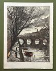 Etching on Paper Seine River, Paris France Signed in Pencil by Artist Vintage