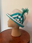 Women’s Handmade White & Turquoise Derby Hat w Cockade  & Feather Size 22 1/2