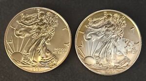 (2) American Silver Eagles (x1) 2020 , (x1) 2021 Gold Obverse Toning - Beautiful