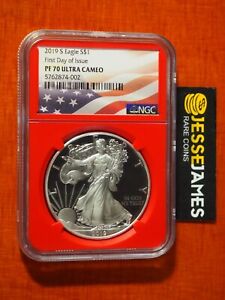 2019 S PROOF SILVER EAGLE NGC PF70 ULTRA CAMEO FIRST DAY OF ISSUE FDI RED CORE