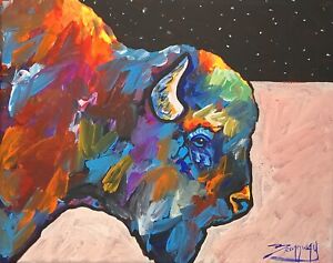 New ListingArt painting Expressionism Night Bison Acrylic Original 8x10 in Stretched Canvas