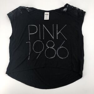 PINK 1986 Victoria Secret Womens T Shirt Crop Top Medium Black Lace Shoulder Y2K