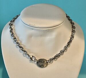RETURN TO TIFFANY & CO OVAL TAG LINK CHOKER NECKLACE STERLING SILVER 925 15 3/4”