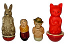 Lot 4 Celluloid Character Roly Poly Wobble Cat, Rabbit, Man & Wife Toy