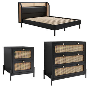 Modern Bedroom Furniture Set Queen Size Platform Bed Frame Nightstand Chest Wood