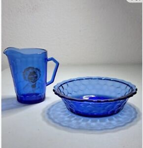 Vintage Shirley Temple Blue Glass Bowl & Pitcher Set NO FLAWS