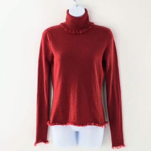 Magaschoni Women Cashmere Turtleneck Sweater Deep Red Fringe Trim Rollneck Sz M
