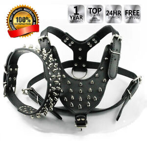 Durable Leather Dog Spiked Studded Harness Punk Rivet Collar For Pitbull Mastiff