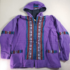 Vintage Mens Jacket XL Purple Elephant Patches Bohemian Pockets Hooded Full-Zip