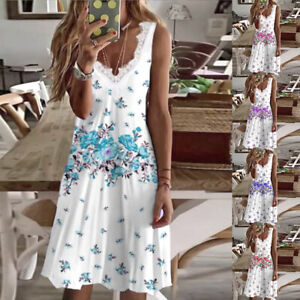 Women Lace Sleeveless Casual Sundress Ladies Summer Holiday Floral Dress Beach