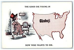 c1910's Girl Pipe The Good Die Young In Okoboji Map Iowa IA Antique Postcard