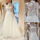 Boho Wedding Dresses High Neck Long Sleeves Lace Appliques White Bridal Gowns