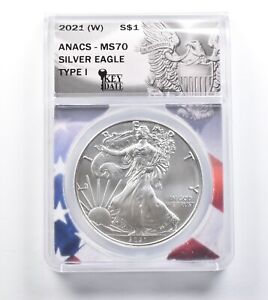New ListingMS70 2021-(W) American Silver Eagle - Type 1 - Key Date - Graded ANACS *662