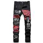 Men's Scotland Red Plaid Tartan Patchwork Jeans Rivet Patch Black Denim Pants
