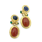GIVENCHY carved stone scarab clip-on earrings - vintage gold Egyptian Revival