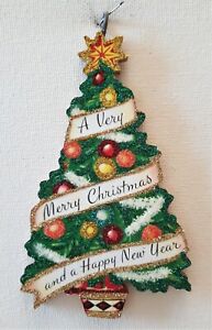 DECORATED TREE, MERRY & HAPPY NEW YEAR  * Glitter  CHRISTMAS ORNAMENT * Vtg Img