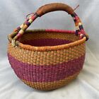 African Bolga Ghana Market Large  Basket Hand Woven Leather Wrap Handle Colorful