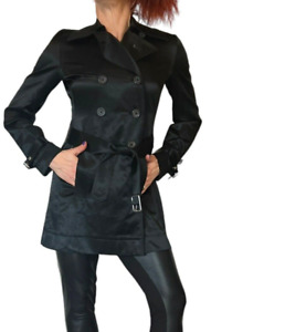 VINTAGE WOMENS BANANA REPUBLIC BLACK SATIN BELTED DOUBLE BREASTED TRENCH COAT XS
