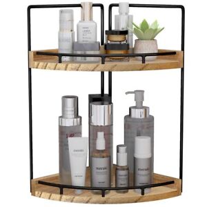 2-Tier Bathroom Counter Organizer - Vanity Corner Shelf, Wood Countertop Storage