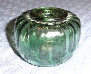 Vintage Blown Light Green Glass Inkwell Ribbed with Pontil