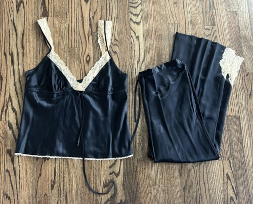 Vintage Y2K Victorias Secret Pure 100% Silk Black and Tan Lace Lingerie Set Sz L