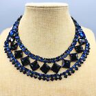 Unsigned Schreiner Square Two Tone Blue Rhinestone 5 Row 2 Strand Necklace 14
